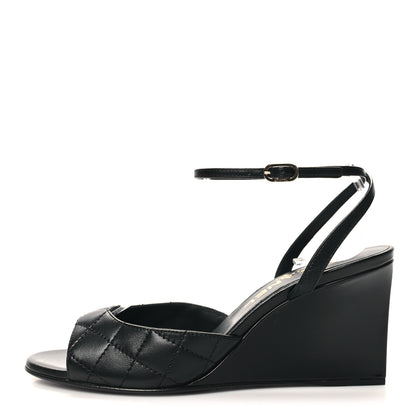 Chanel Lambskin Patent Quilted Wedge Sandals 36.5 Black 1 of 9