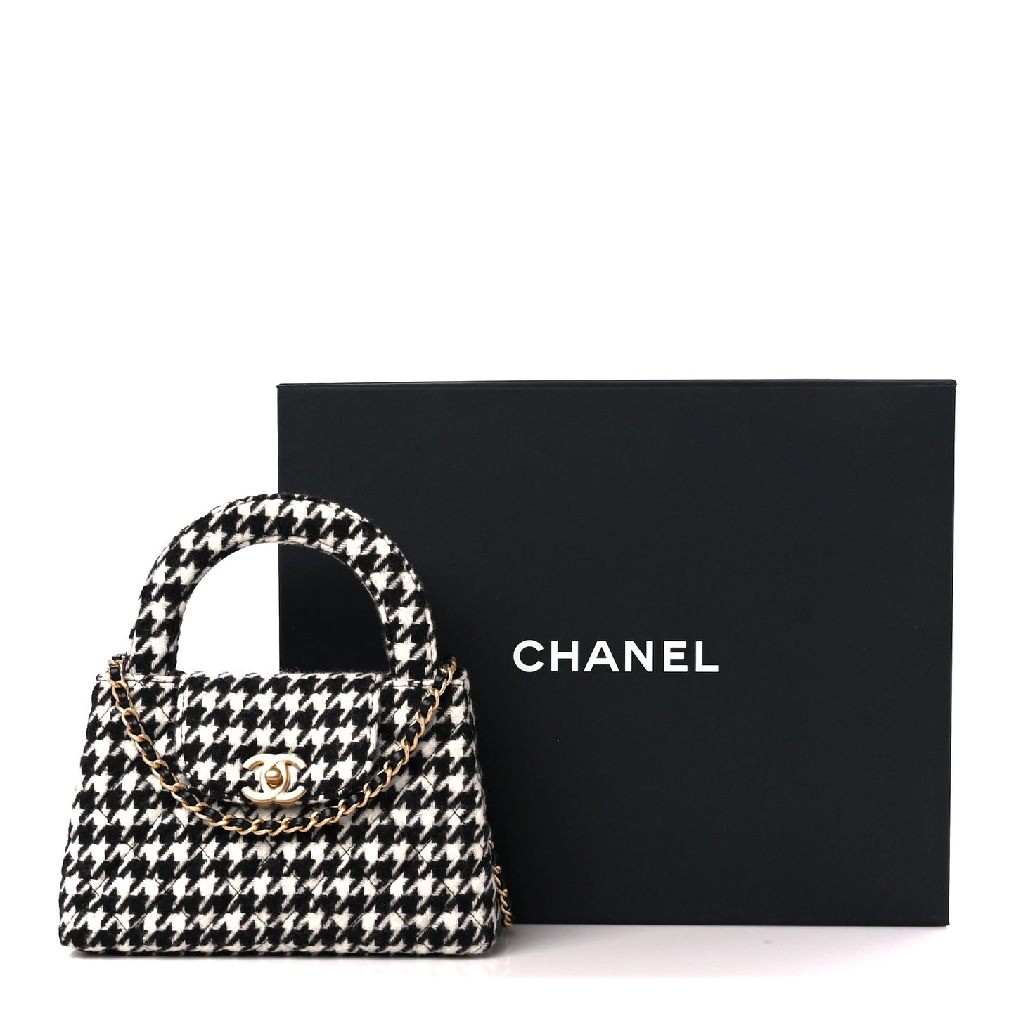 Tweed Houndstooth Quilted Nano Kelly Shopper Black White