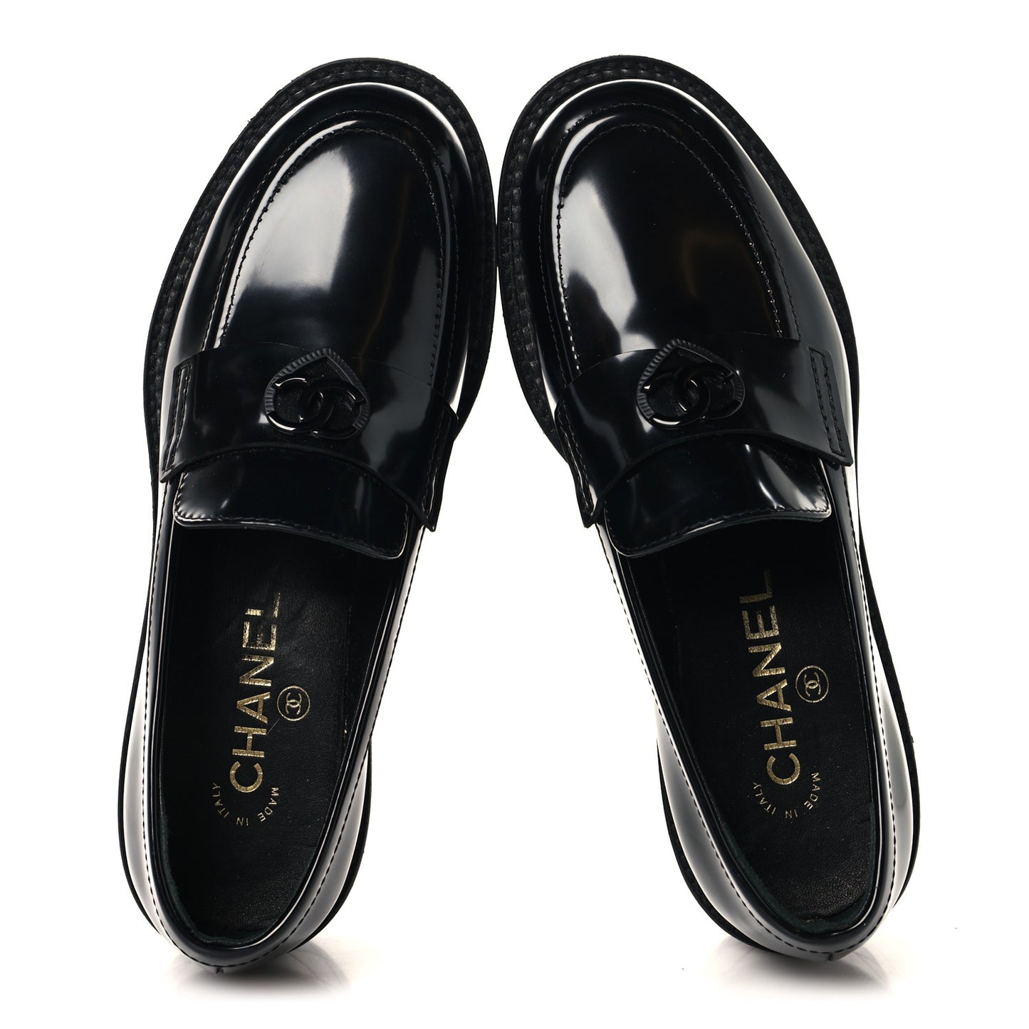 Shiny Calfskin Quilted CC Mocassin Loafers 37 Black