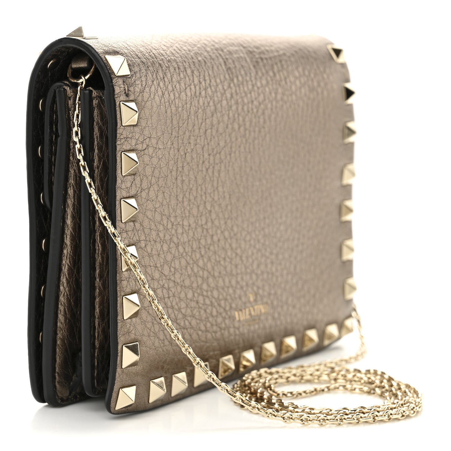 Metallic Pebbled Calfskin Rockstud Wallet on Chain Sasso