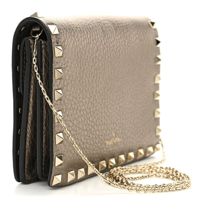 Valentino Garavani Metallic Pebbled Calfskin Rockstud Wallet on Chain Sasso 3 of 8