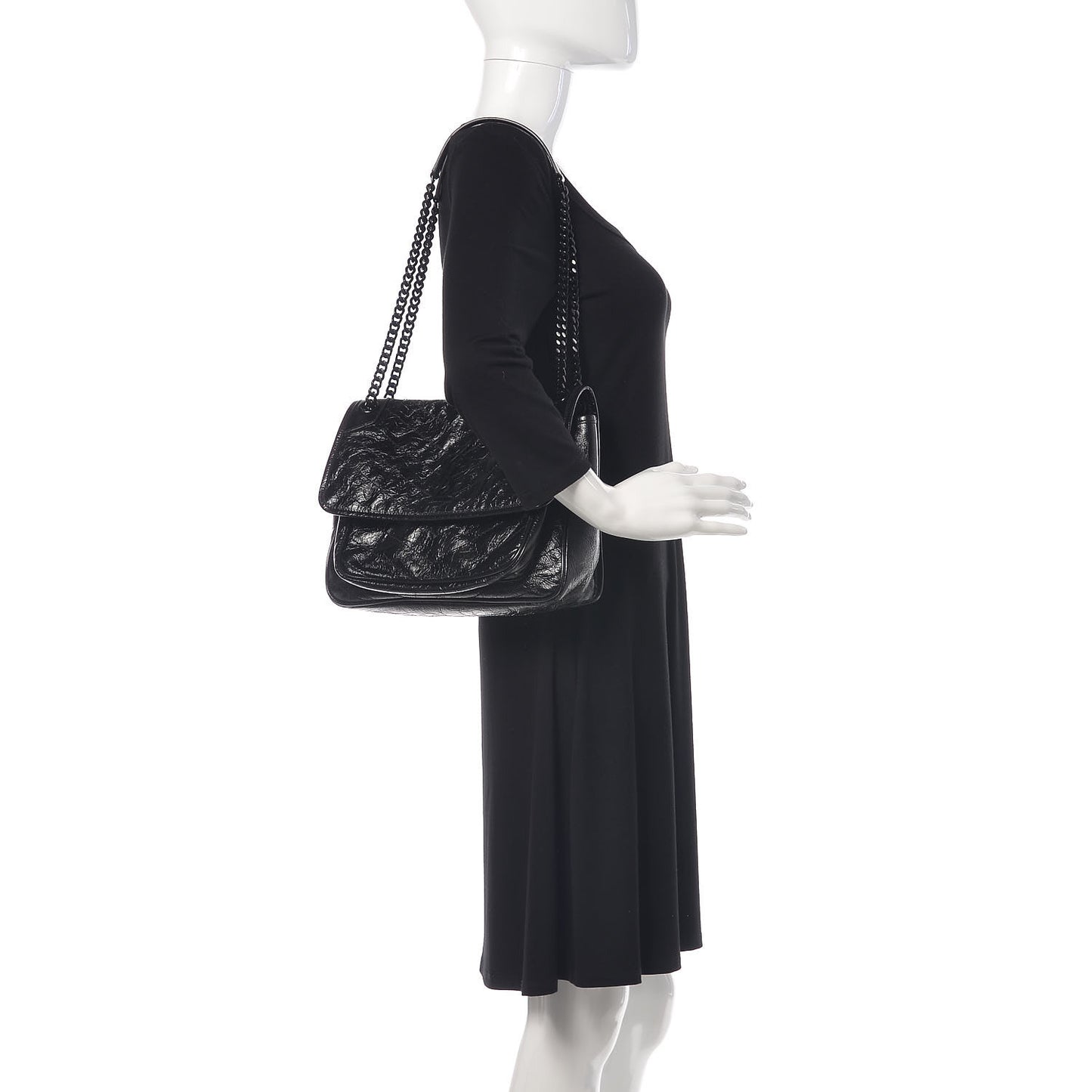 Crinkled Calfskin Matelasse Monogram Medium Niki Chain Satchel Black