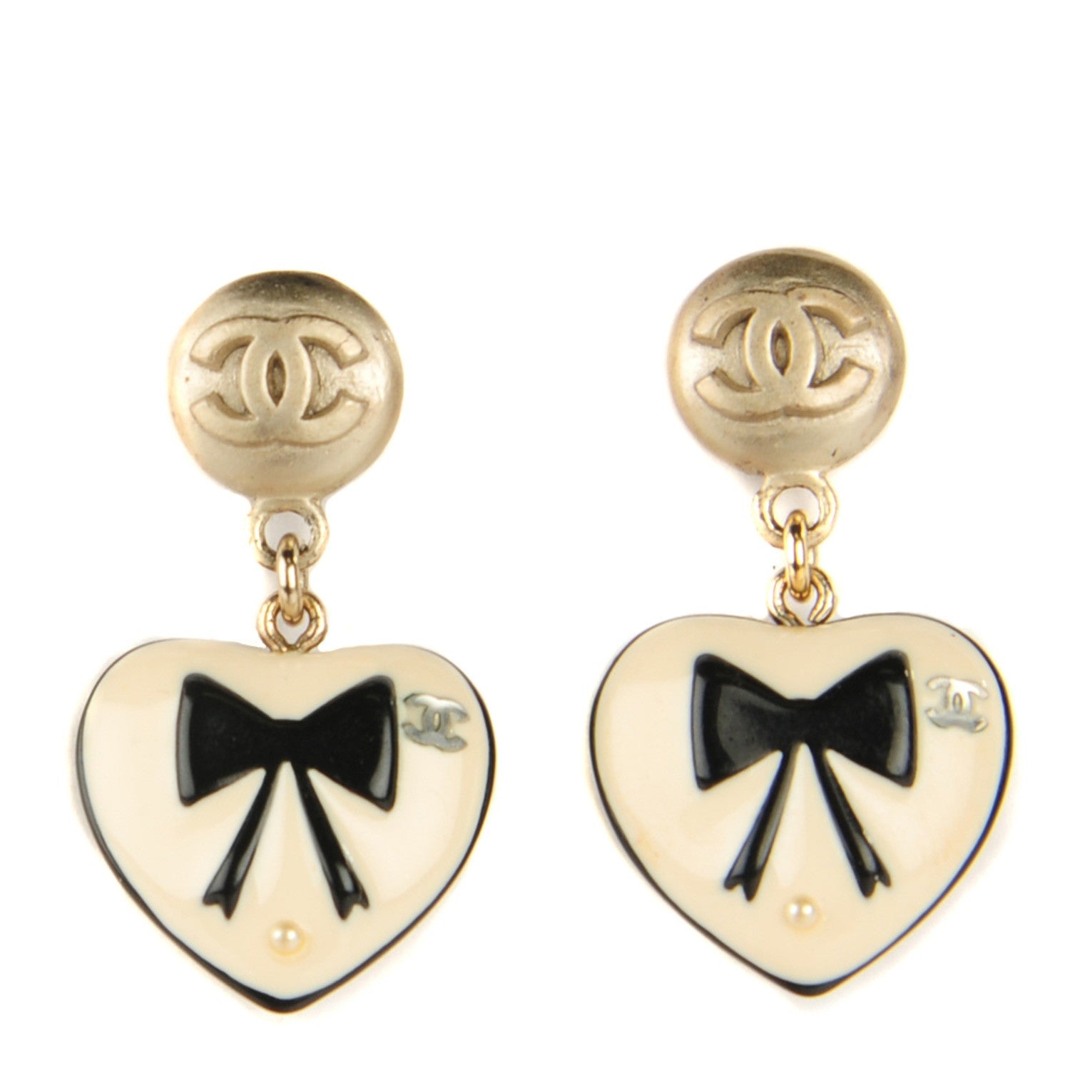 Chanel Enamel Heart Bow CC Dangle Earrings 1 of 4
