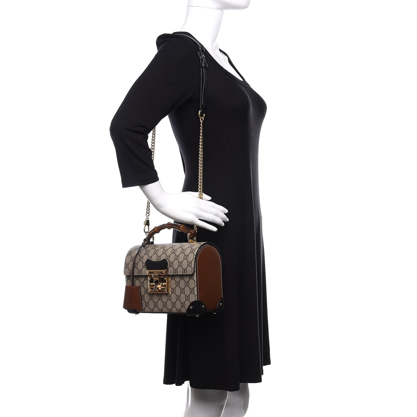 GG Supreme Monogram Small Padlock Bamboo Shoulder Bag Beige Black Cuir