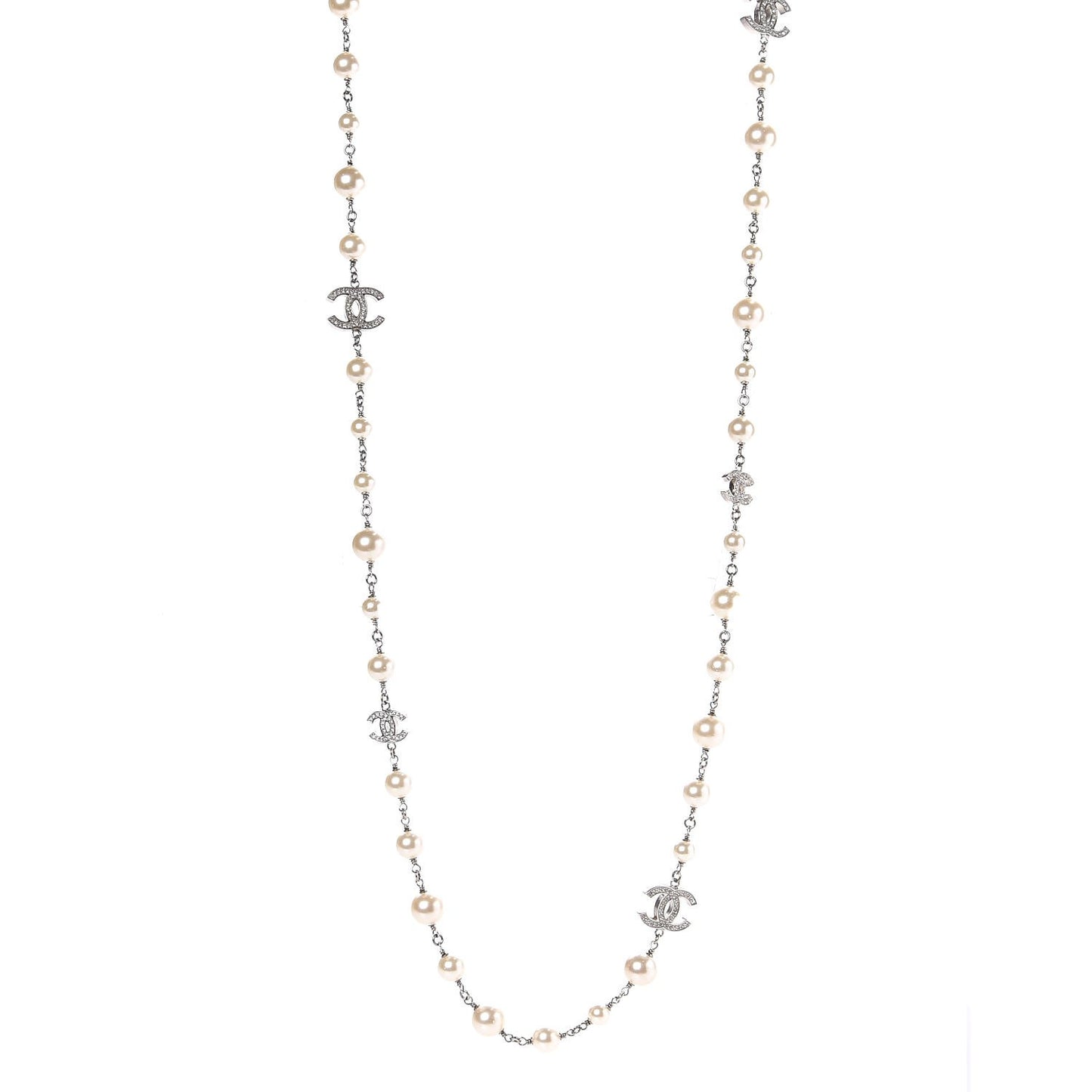 Graduated Pearl Crystal CC Long Necklace Silver
