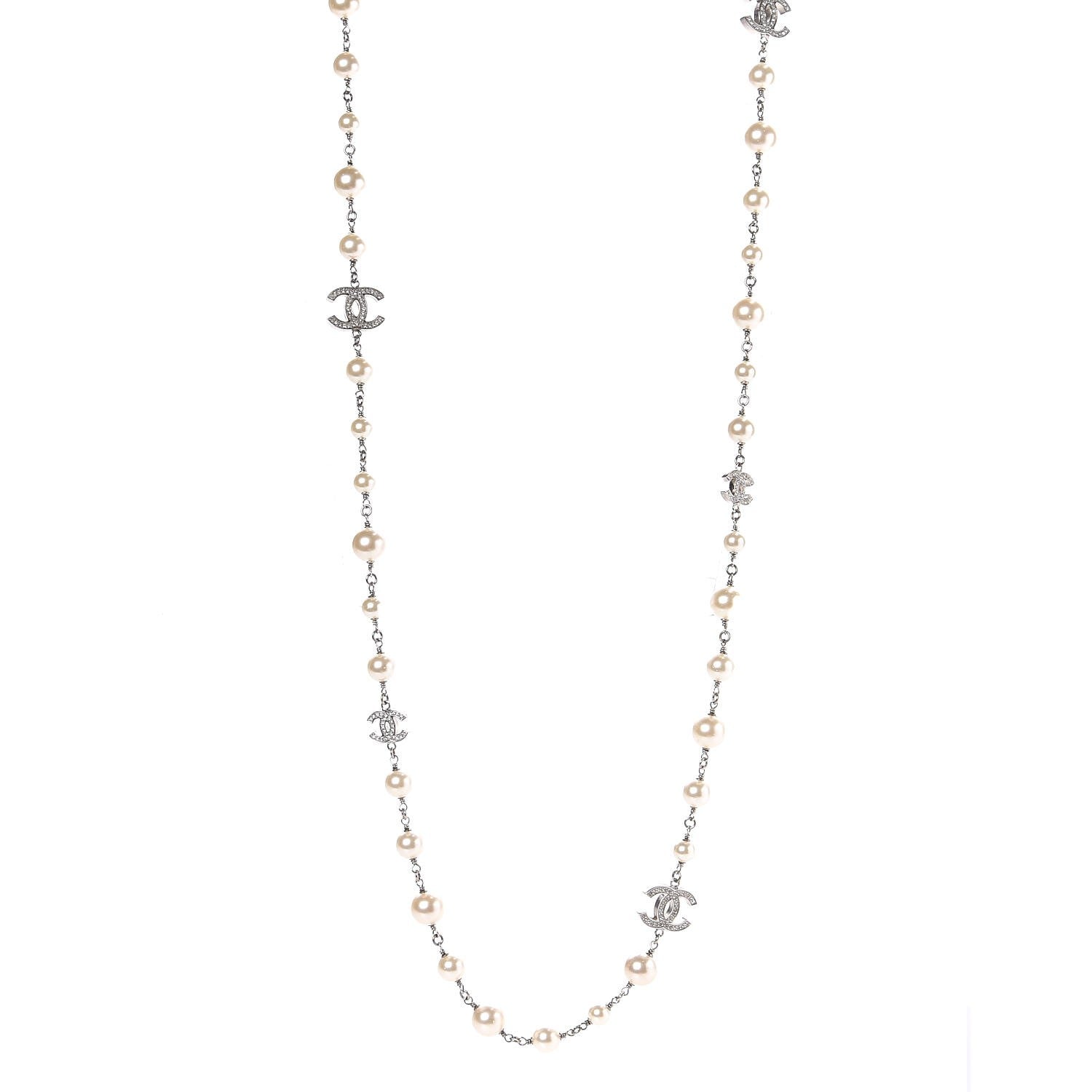 Chanel Graduated Pearl Crystal CC Long Necklace Silver 1 of 5