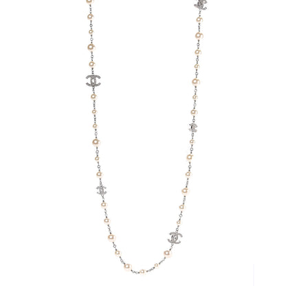 Chanel Graduated Pearl Crystal CC Long Necklace Silver 1 of 5