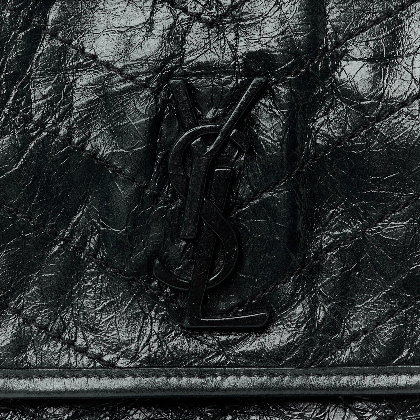 Crinkled Calfskin Matelasse Monogram Medium Niki Chain Satchel Black