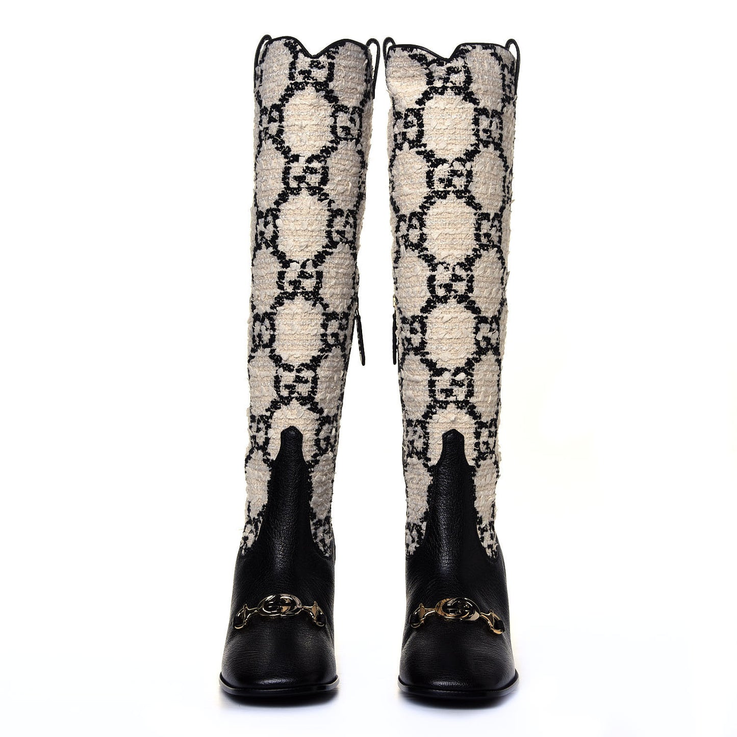 Tweed GG Monogram Wrinkled Kid Zumi Knee Boots 39 Natural Black