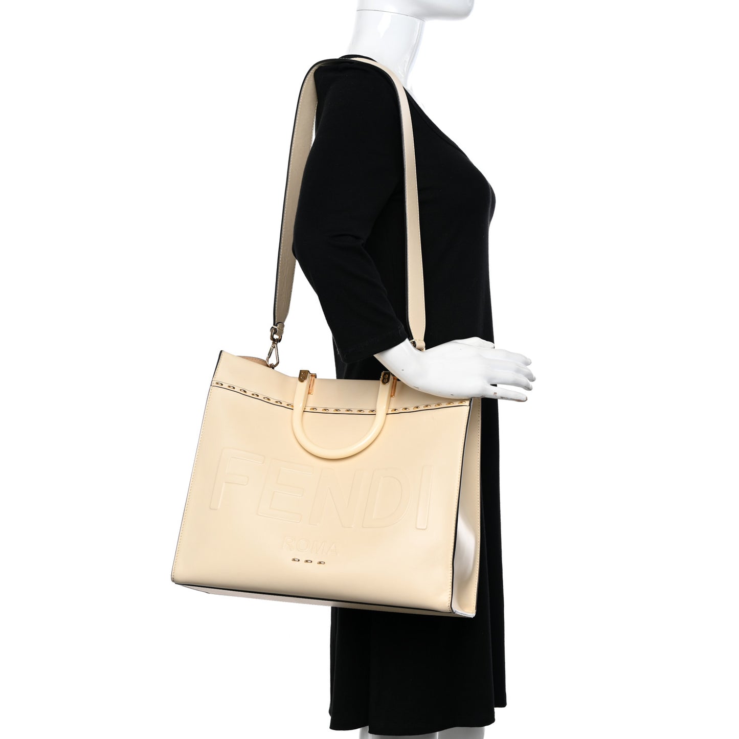 Vitello King Plexiglass Metal Stitch Logo Embossed Medium Fendi Sunshine Shopper Tote Pergamena
