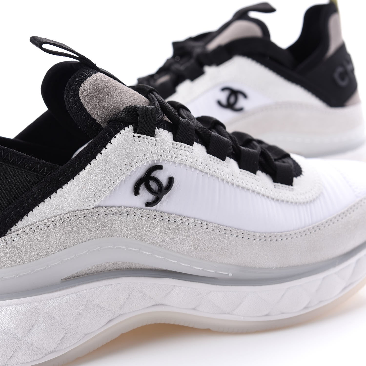 Chanel Calfskin Suede Nylon CC Sneakers 36 White Grey Yellow 9 of 10