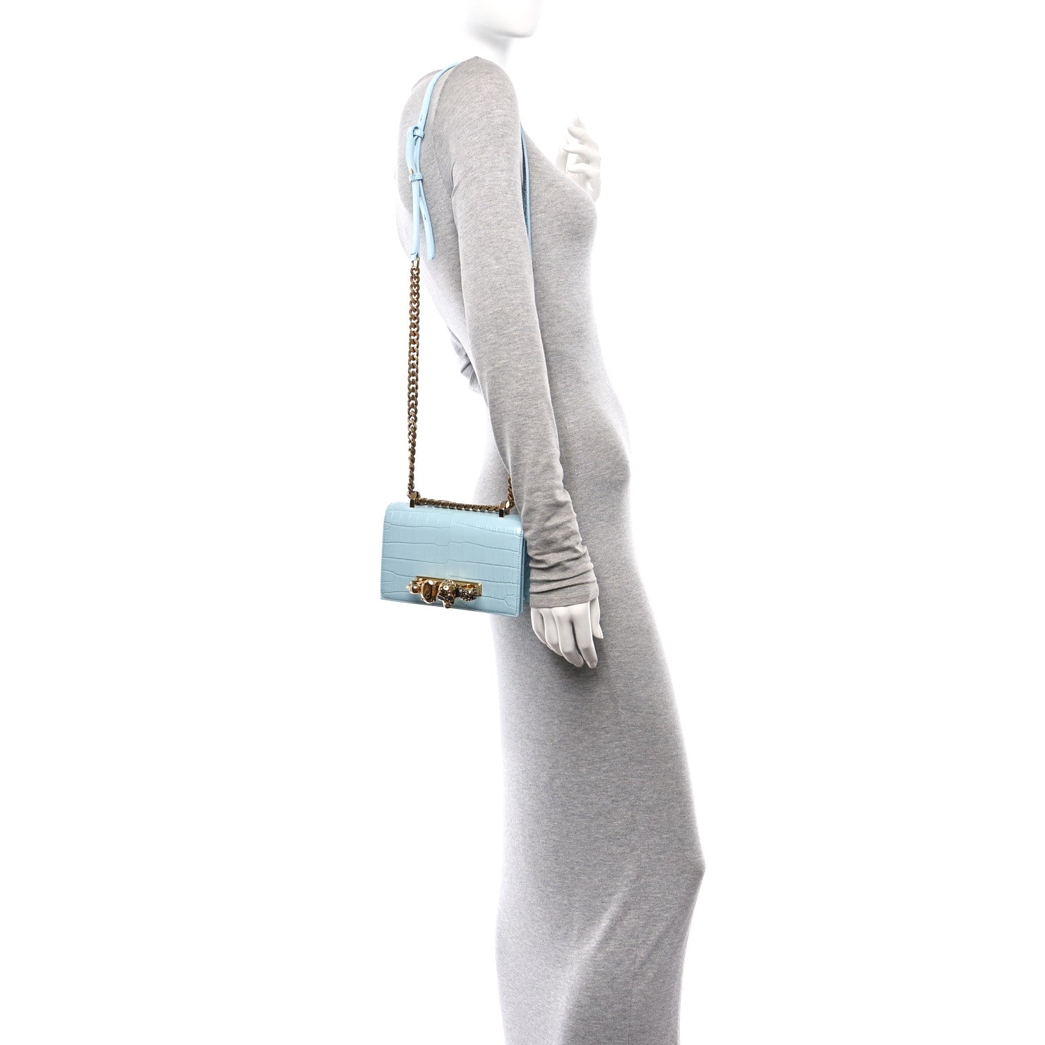 Alexander McQueen Calfskin Crocodile Embossed Knuckle Shoulder Bag Pale Blue 2 of 13