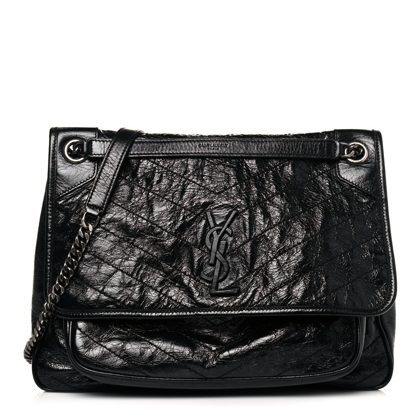 Crinkled Calfskin Matelasse Monogram Large Niki Chain Satchel Black