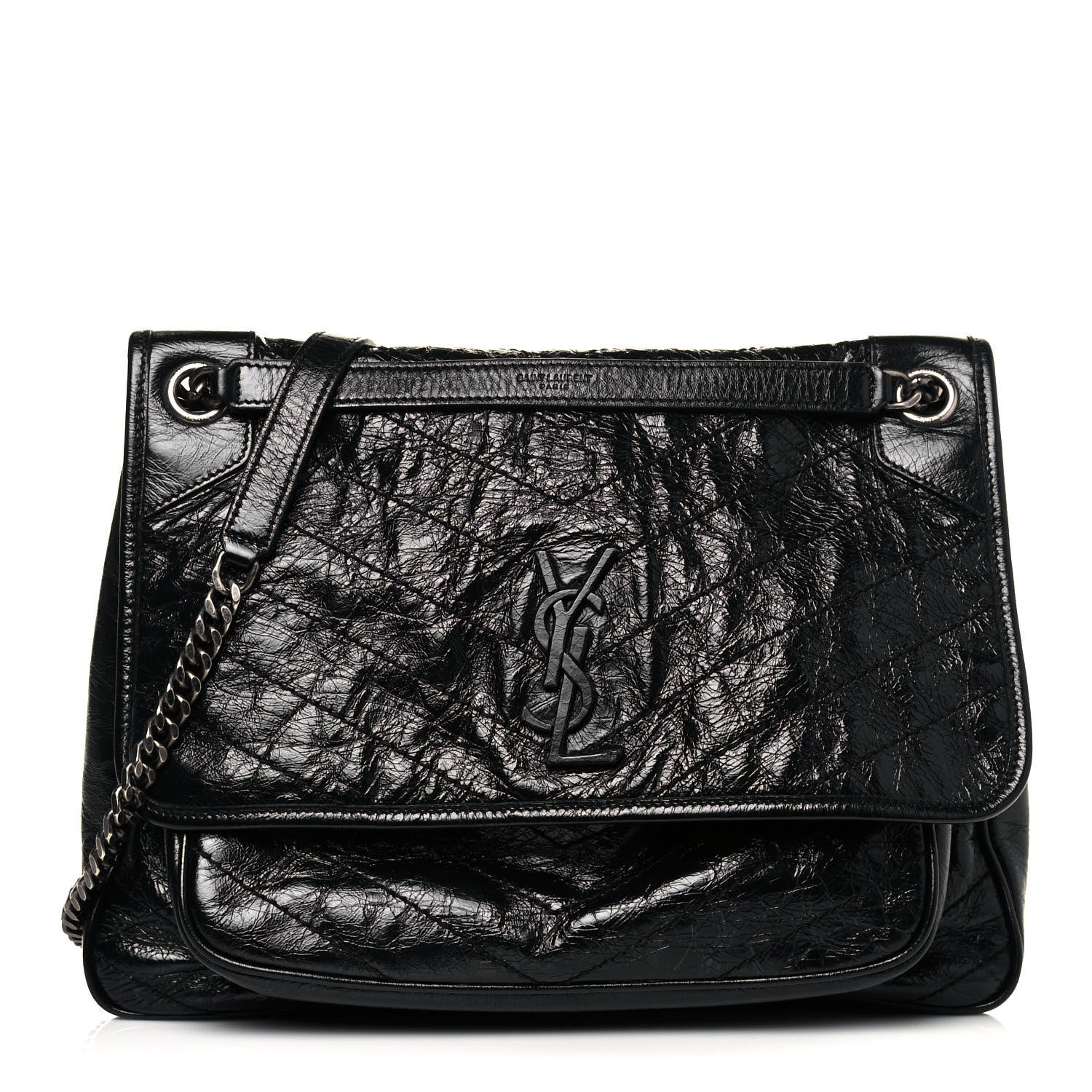 Saint Laurent Crinkled Calfskin Matelasse Monogram Large Niki Chain Satchel Black 1 of 12