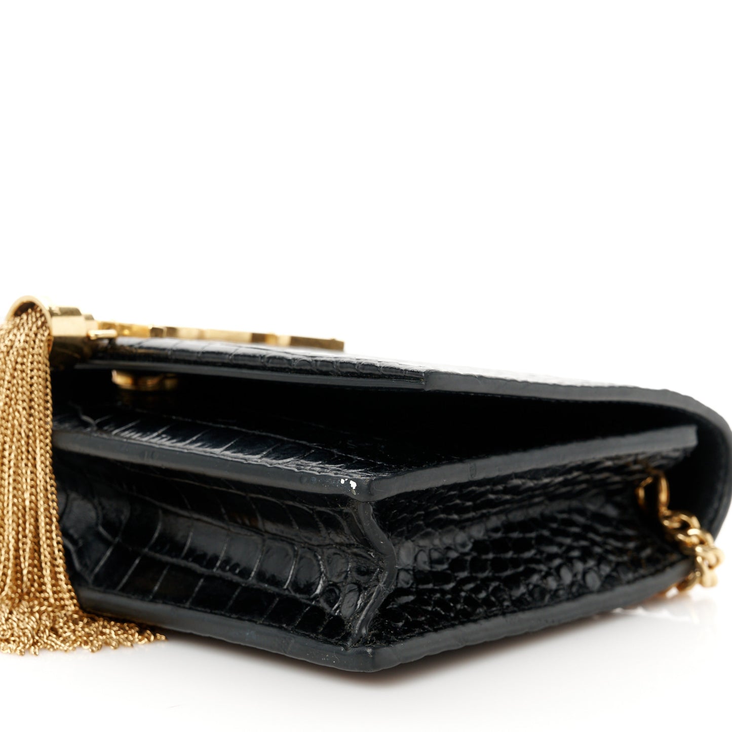 Calfskin Crocodile Embossed Kate Monogram Tassel Chain Wallet Black