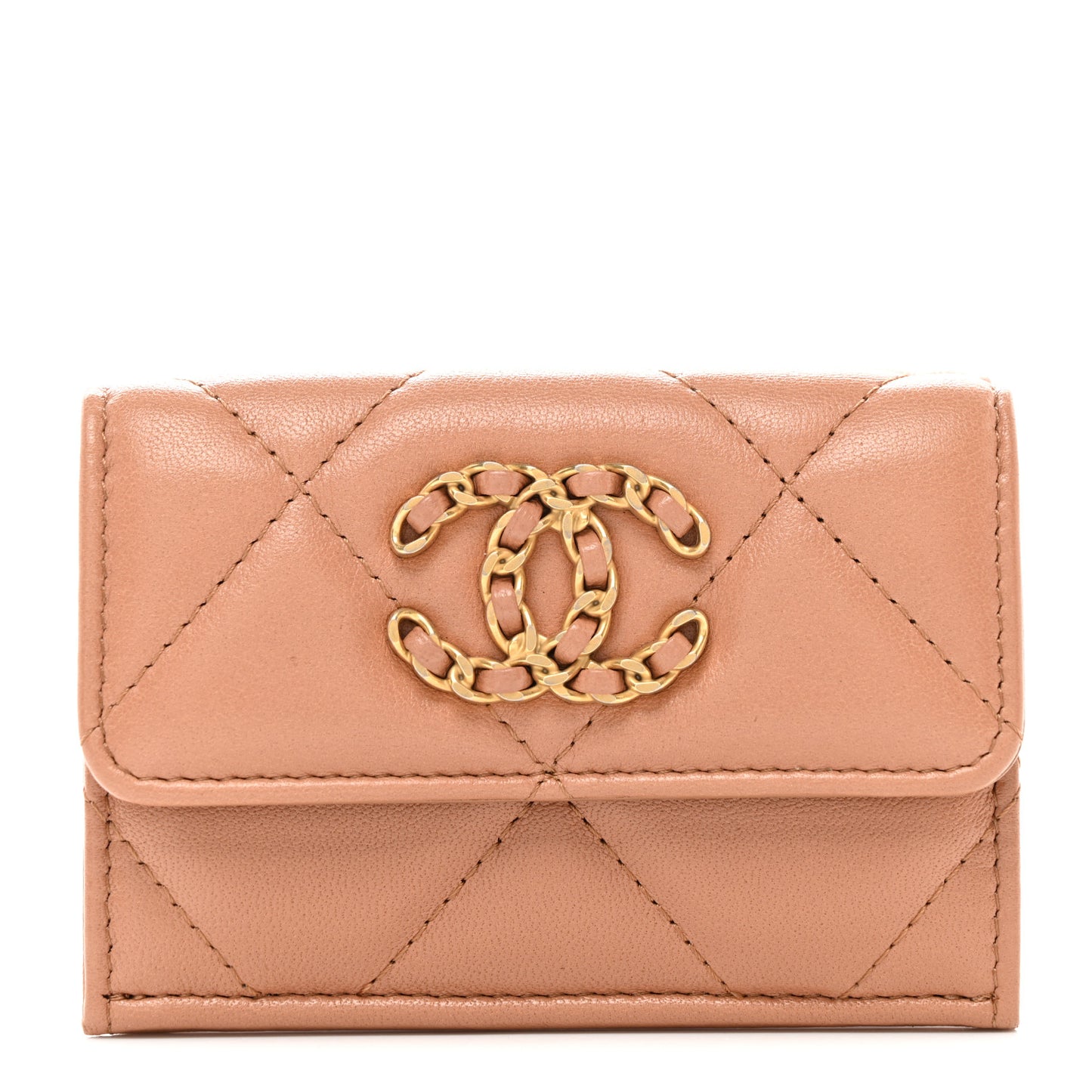 Goatskin Quilted Chanel 19 Small Flap Wallet Beige