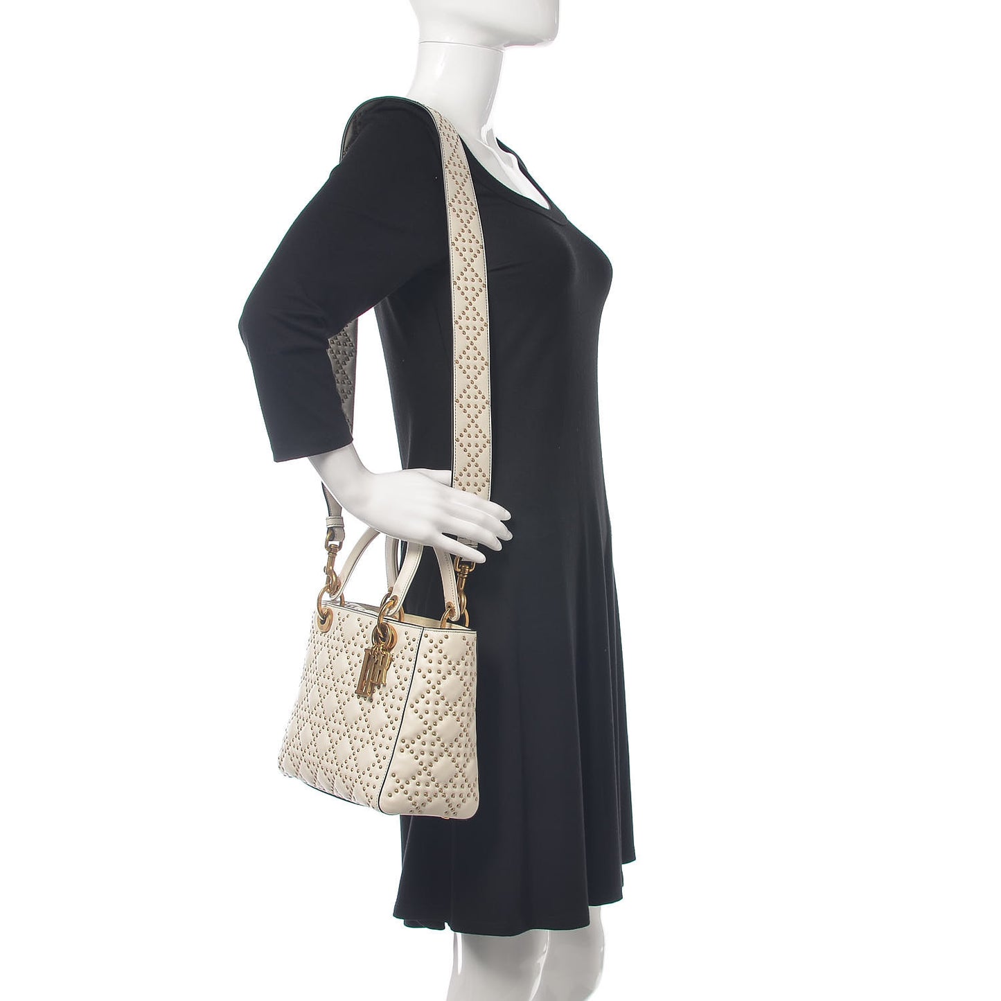 Calfskin Cannage Studded Medium Supple Lady Dior White