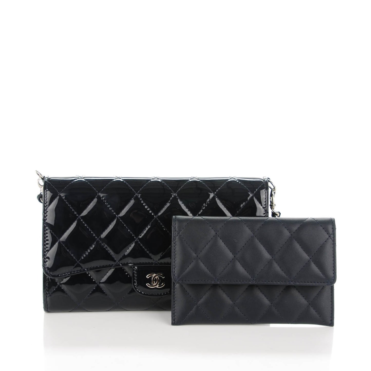 Patent Quilted Wallet On Removable Chain Navy Blue