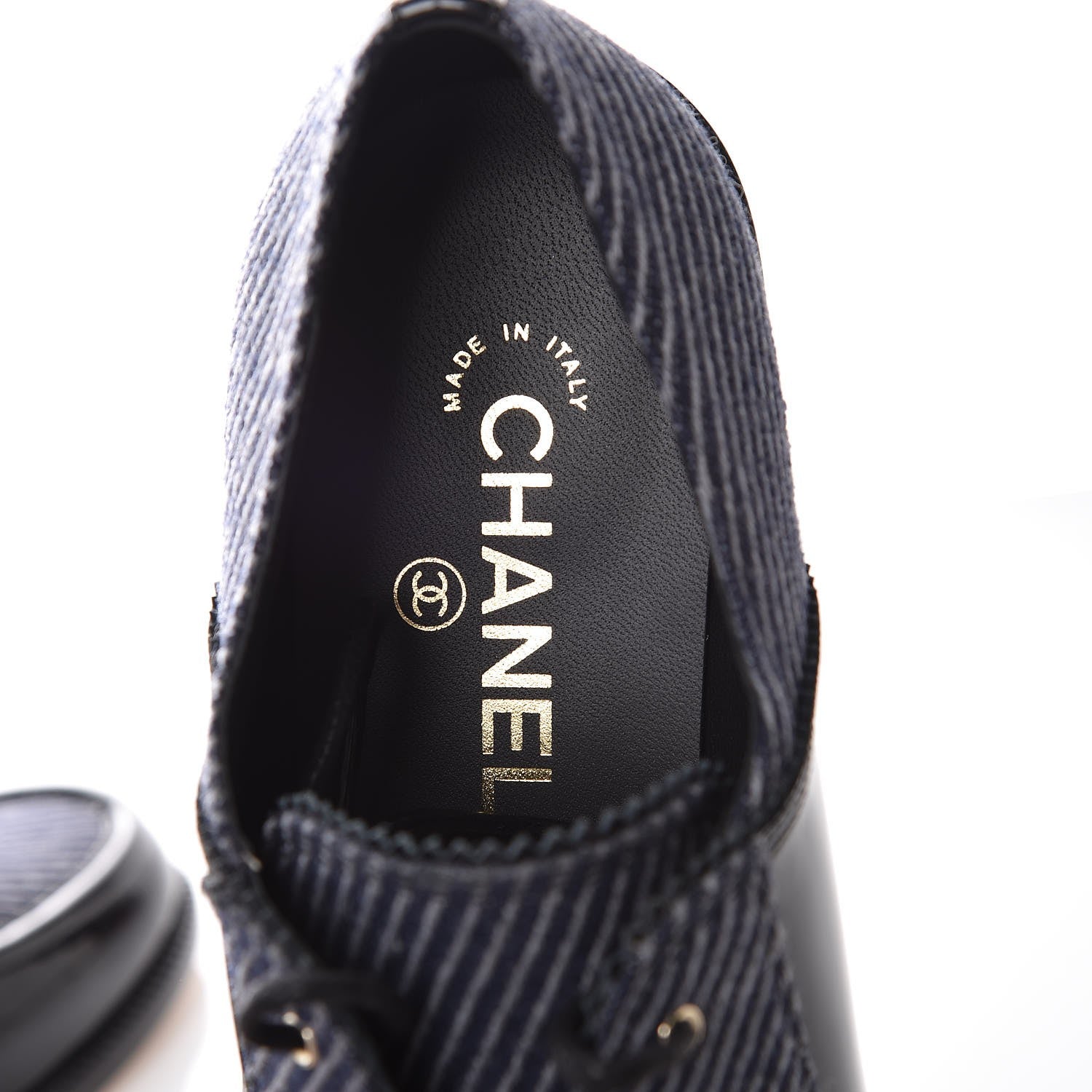 Chanel Tweed Patent CC Womens Lace Up Oxfords 39 Navy Grey Black 5 of 8