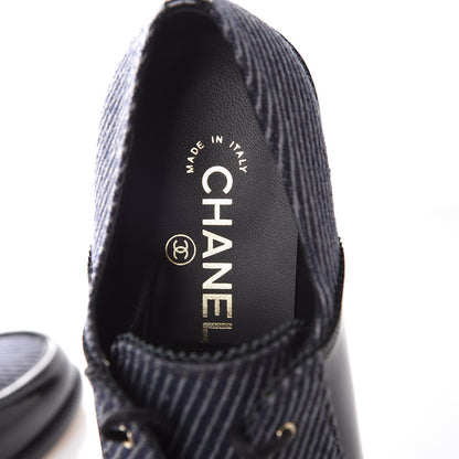 Chanel Tweed Patent CC Womens Lace Up Oxfords 39 Navy Grey Black 5 of 8
