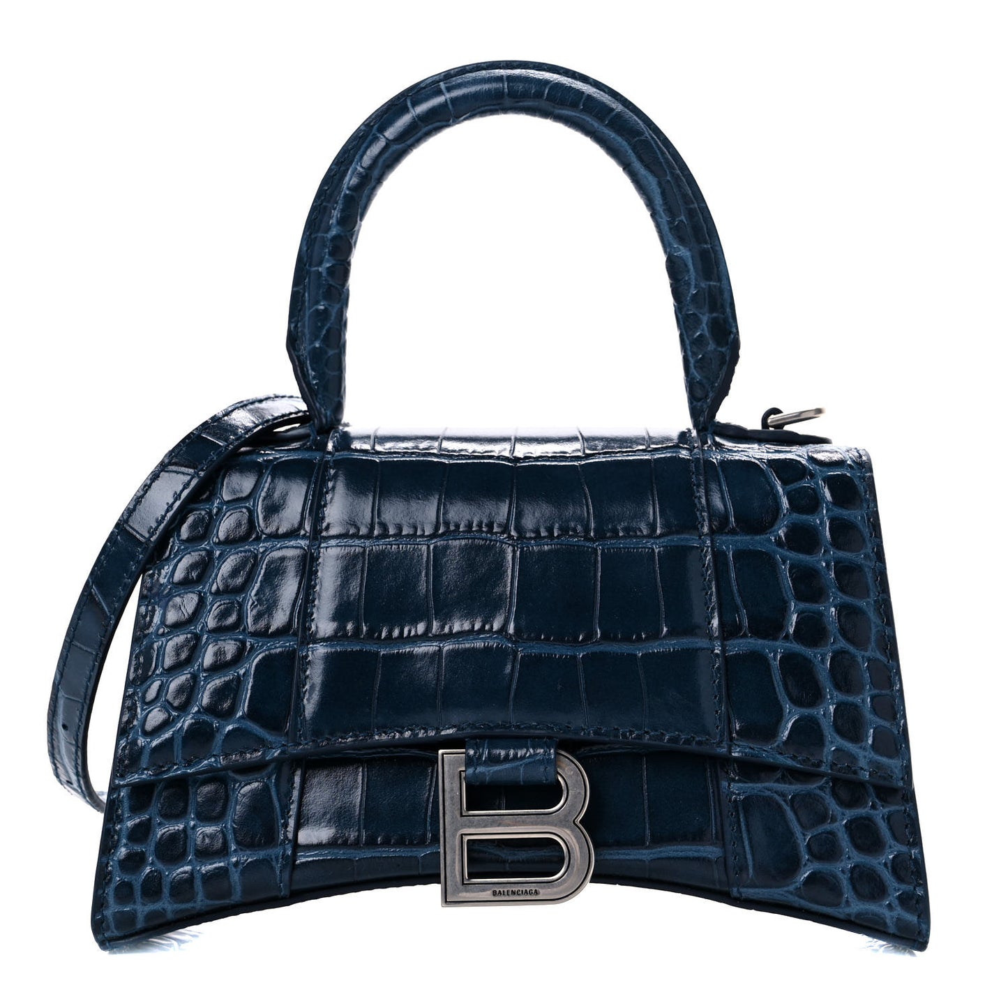 Shiny Calfskin Crocodile Embossed Hourglass Top Handle Bag XS Denim Blue