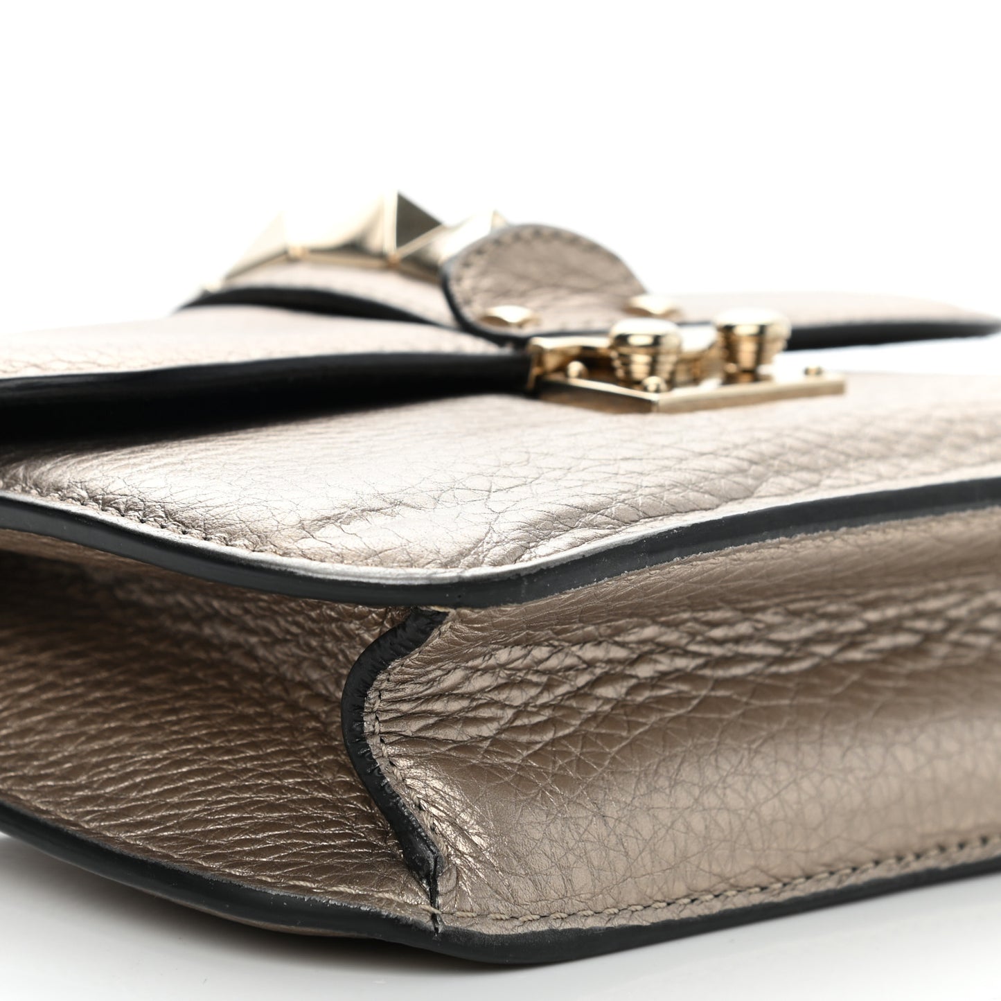 Metallic Vitello Small Glam Lock Rockstud Flap Platino
