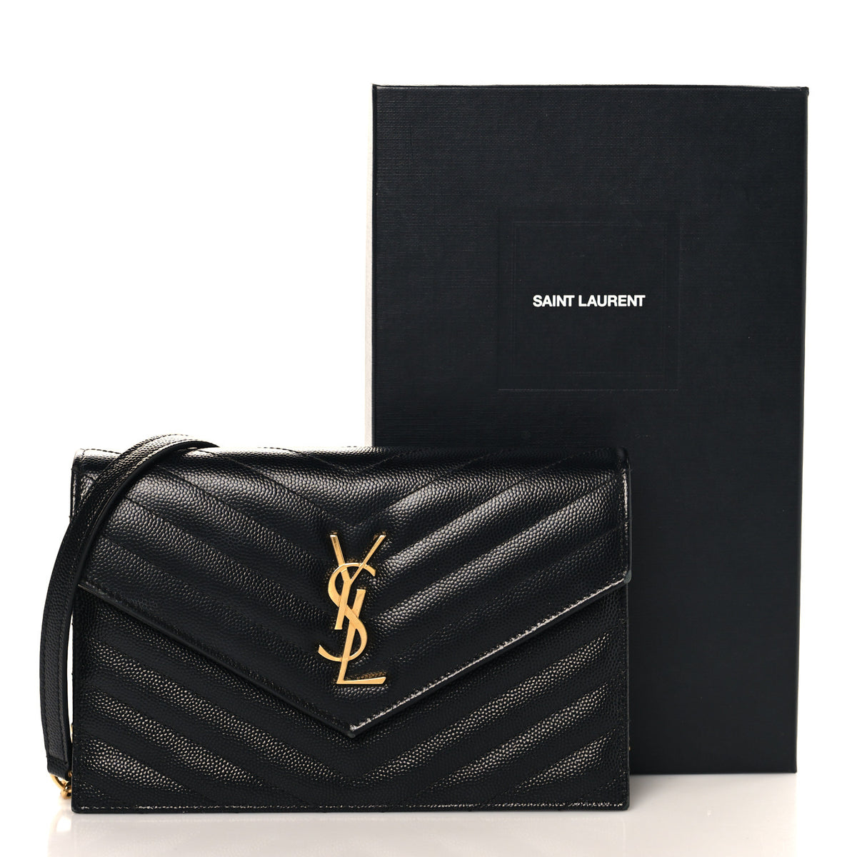 Grain De Poudre Matelasse Chevron Monogram Envelope Chain Wallet Black