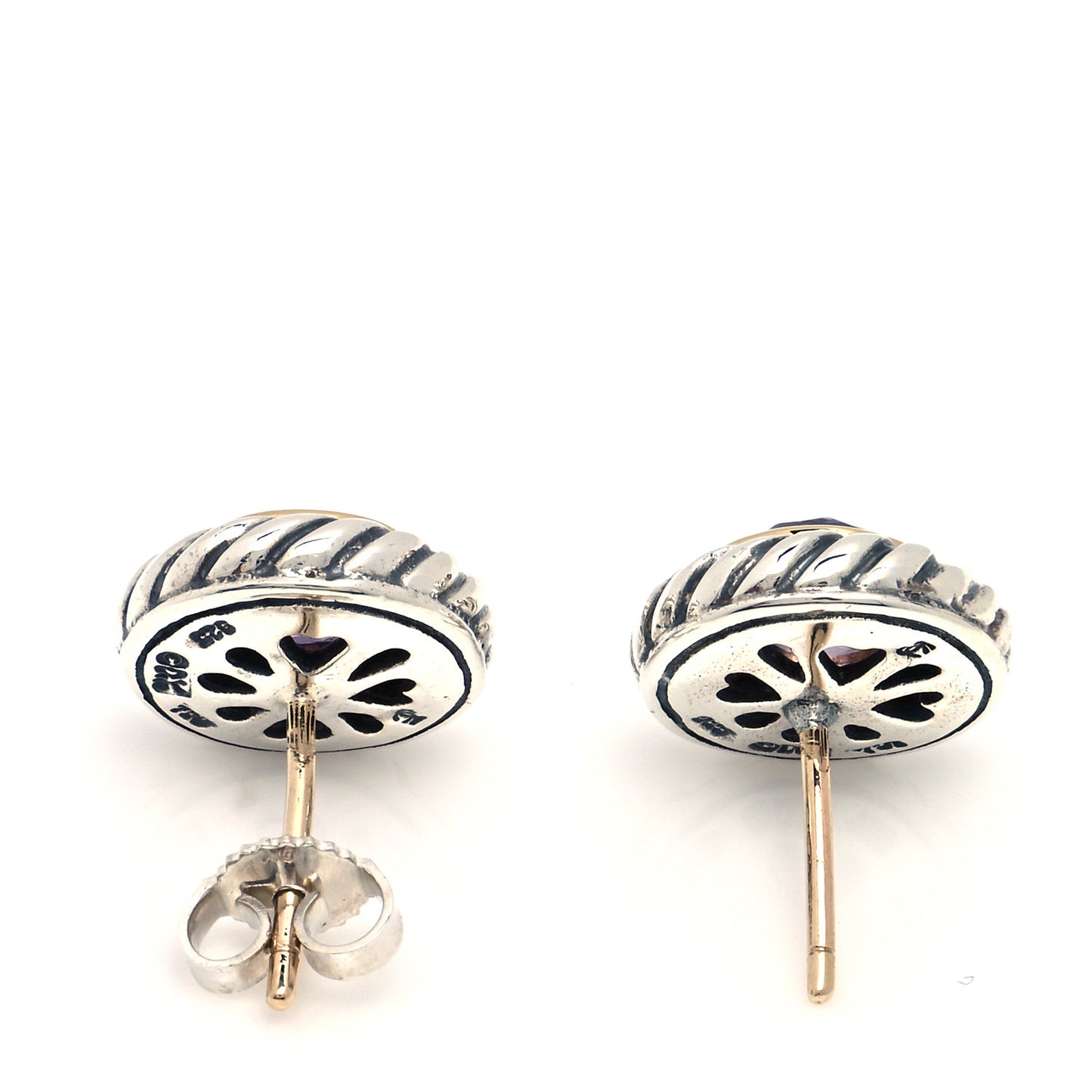 Sterling Silver 18K Yellow Gold Amethyst Cookie Cable Earrings