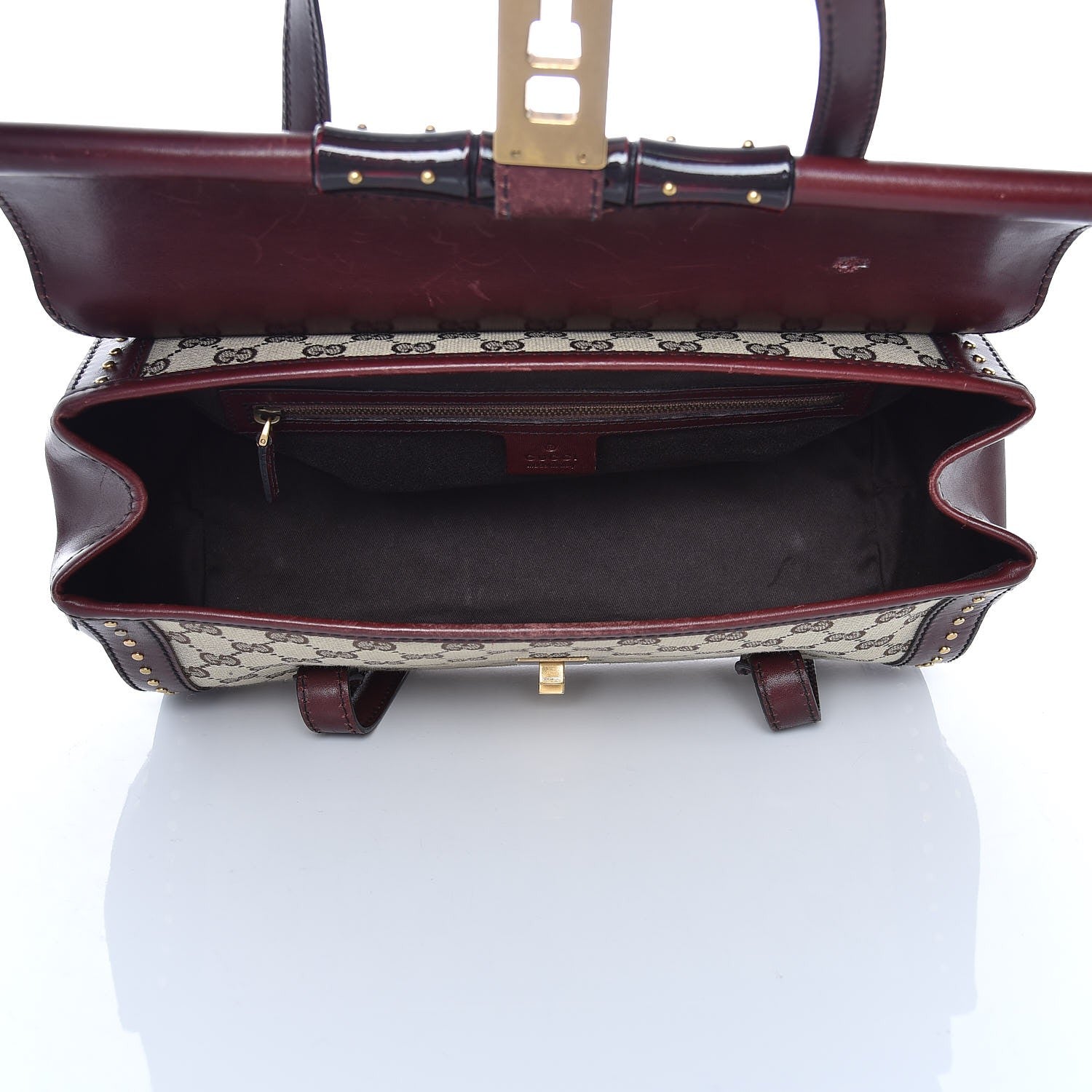 Gucci Monogram Studded Bamboo Bullet Satchel Burgundy 5 of 16