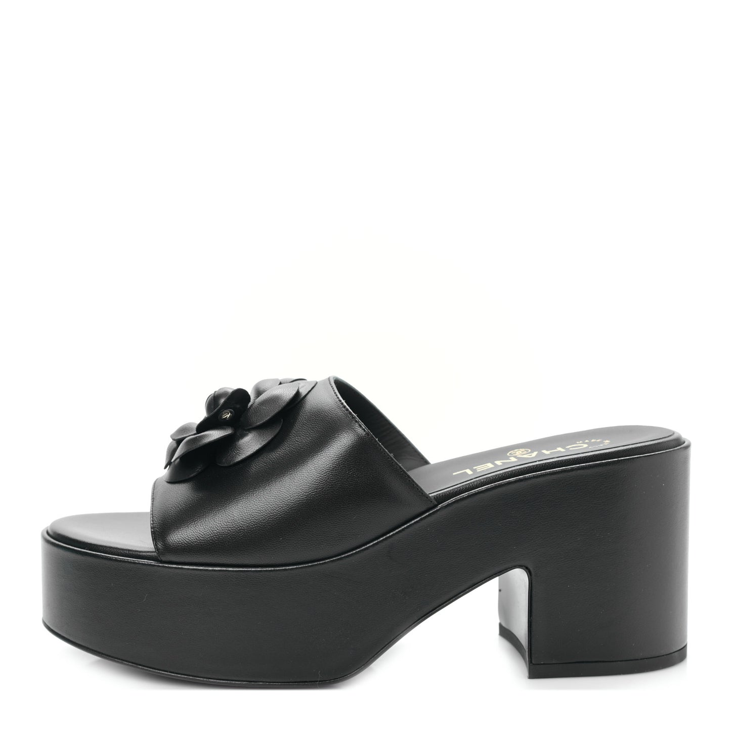 Lambskin Camellia Platform Mules 39.5 Black