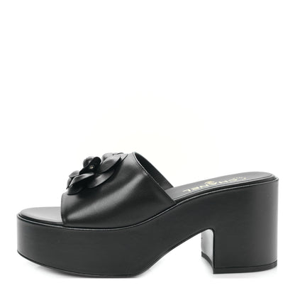 Chanel Lambskin Camellia Platform Mules 39.5 Black 1 of 9