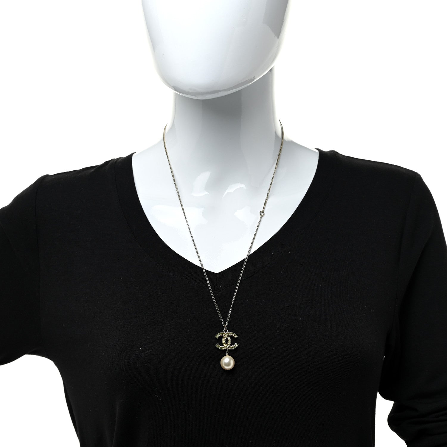Chanel Crystal CC Pearl Drop Necklace Gold 2 of 5