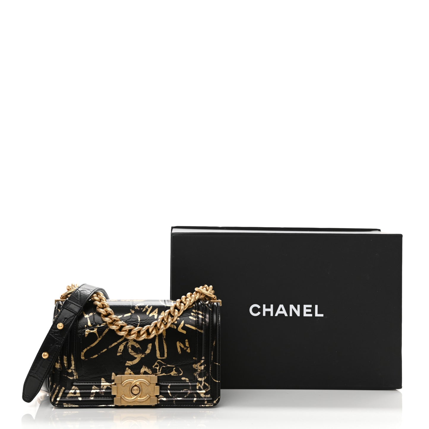 Calfskin Crocodile Embossed Graffiti Cocodile Small Boy Flap Black Gold