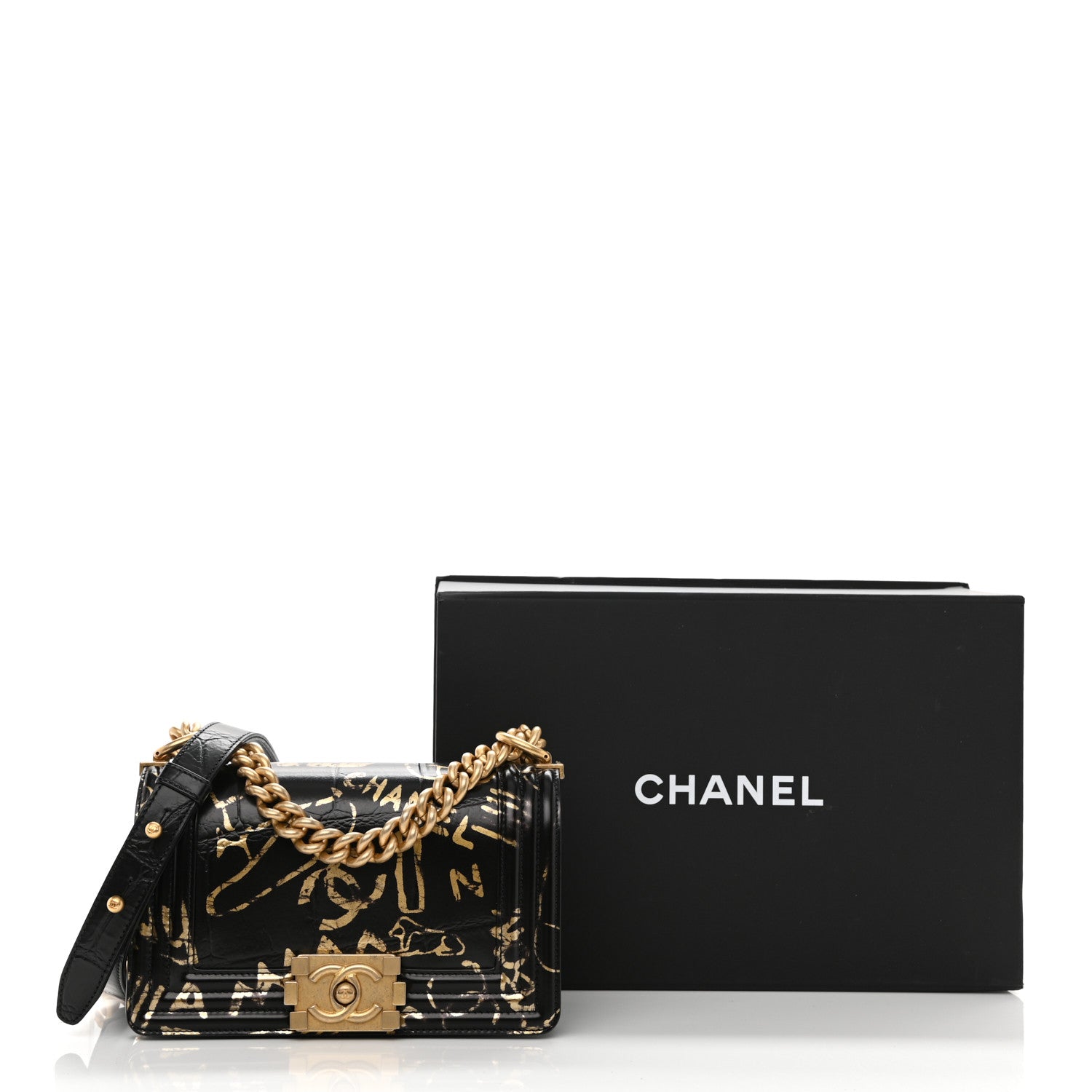 Chanel Calfskin Crocodile Embossed Graffiti Cocodile Small Boy Flap Black Gold 9 of 9