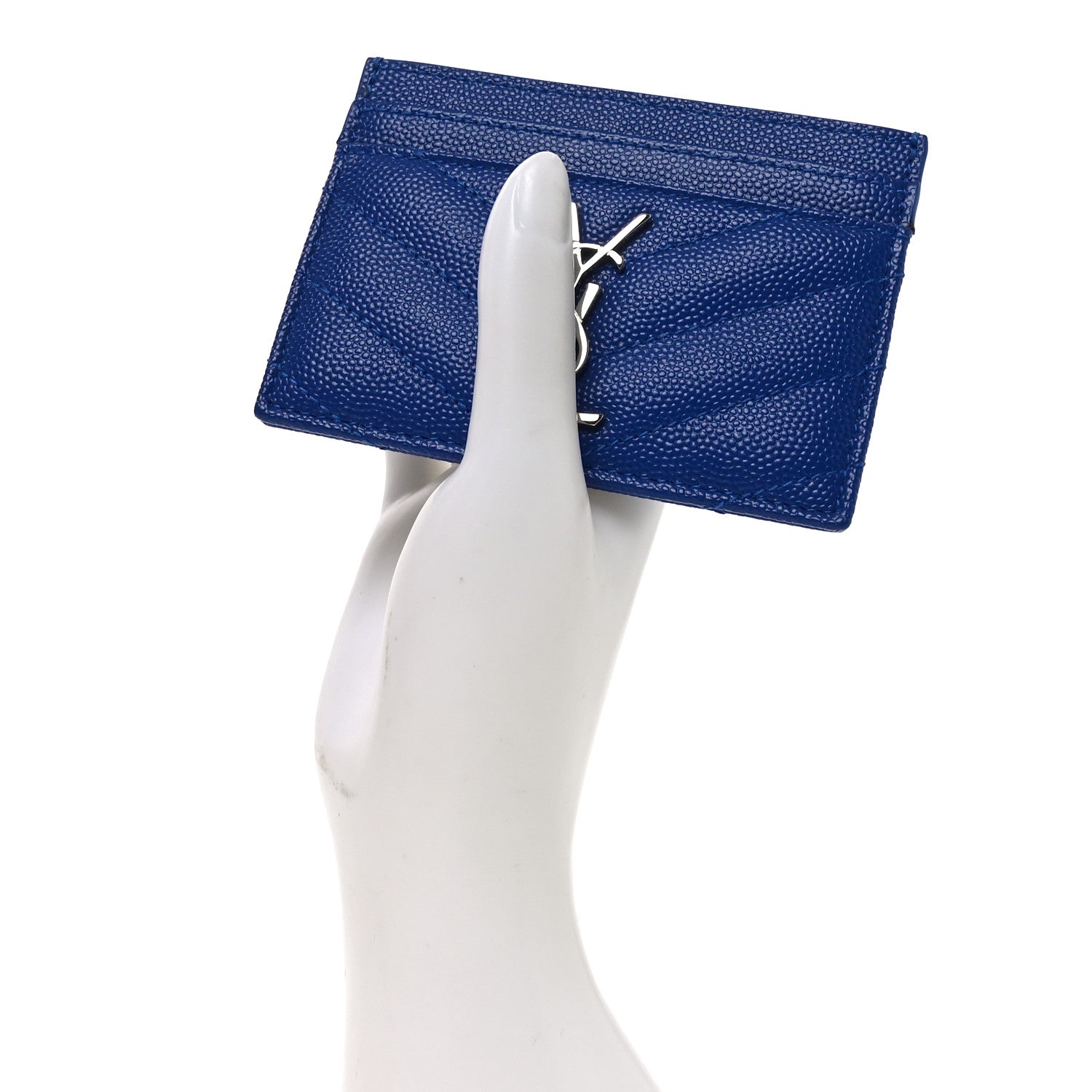 Saint Laurent Grain De Poudre Matelasse Chevron Monogram Credit Card Case Blue Gitano 2 of 7