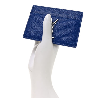 Saint Laurent Grain De Poudre Matelasse Chevron Monogram Credit Card Case Blue Gitano 2 of 7