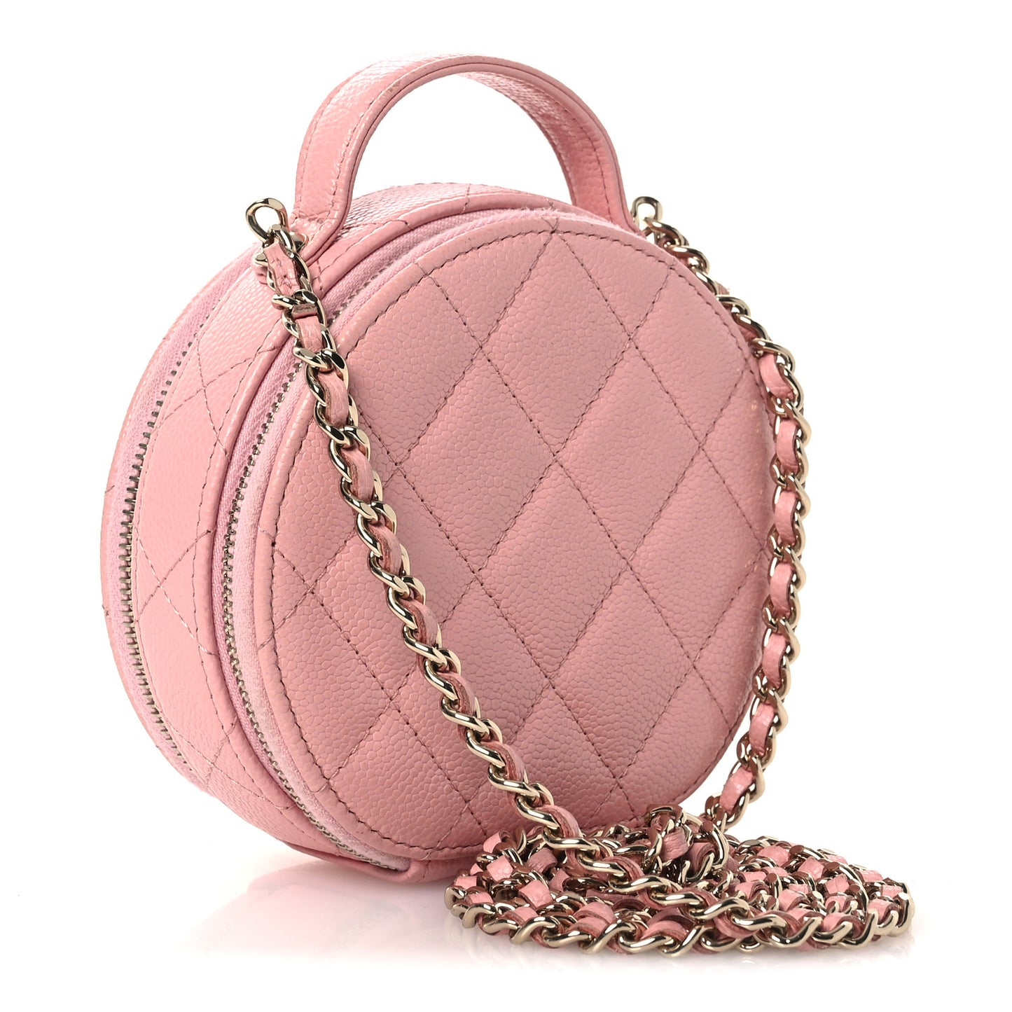 Caviar Quilted Round Handle With Care Vanity With Chain Pink