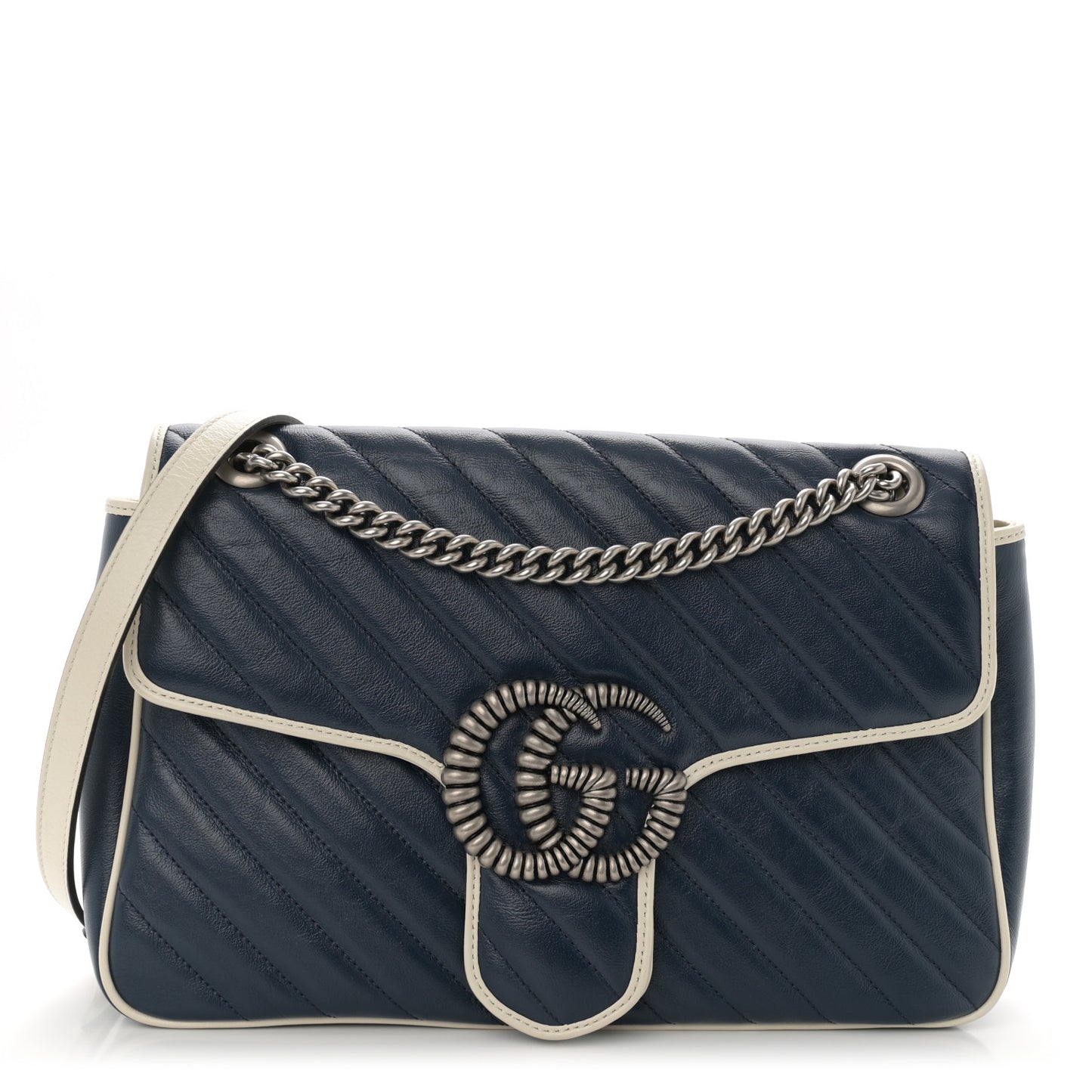 Vintage Effect Calfskin Matelasse Diagonal Medium Torchon GG Marmont Shoulder Bag Blue Agata Mystic White