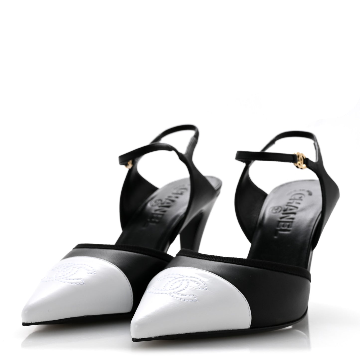 Lambskin Pointed Cap Toe CC Slingback Pumps 38 Black White