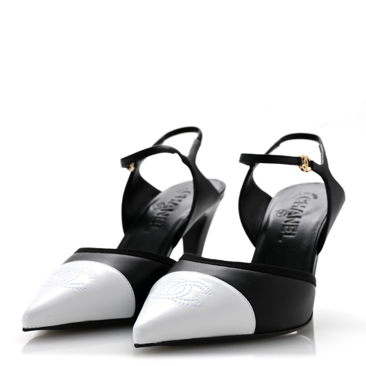 Chanel Lambskin Pointed Cap Toe CC Slingback Pumps 38 Black White 4 of 10