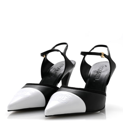 Chanel Lambskin Pointed Cap Toe CC Slingback Pumps 38 Black White 4 of 10