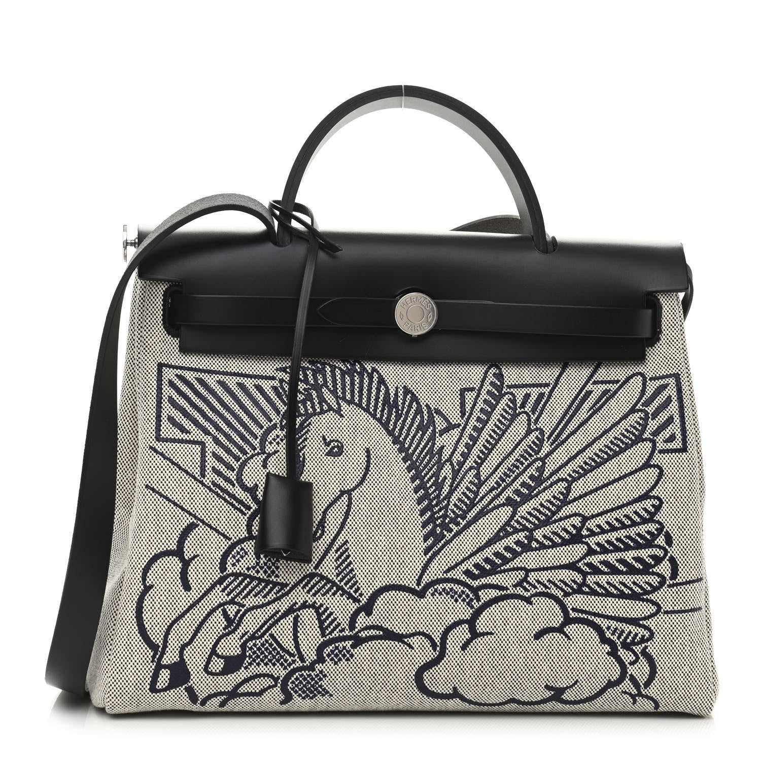 Hermes Vache Hunter Toile H Pegase Pop Herbag Zip Retourne 31 PM Bleu Indigo Ecru Black 3 of 12