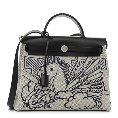 Hermes Vache Hunter Toile H Pegase Pop Herbag Zip Retourne 31 PM Bleu Indigo Ecru Black 3 of 12