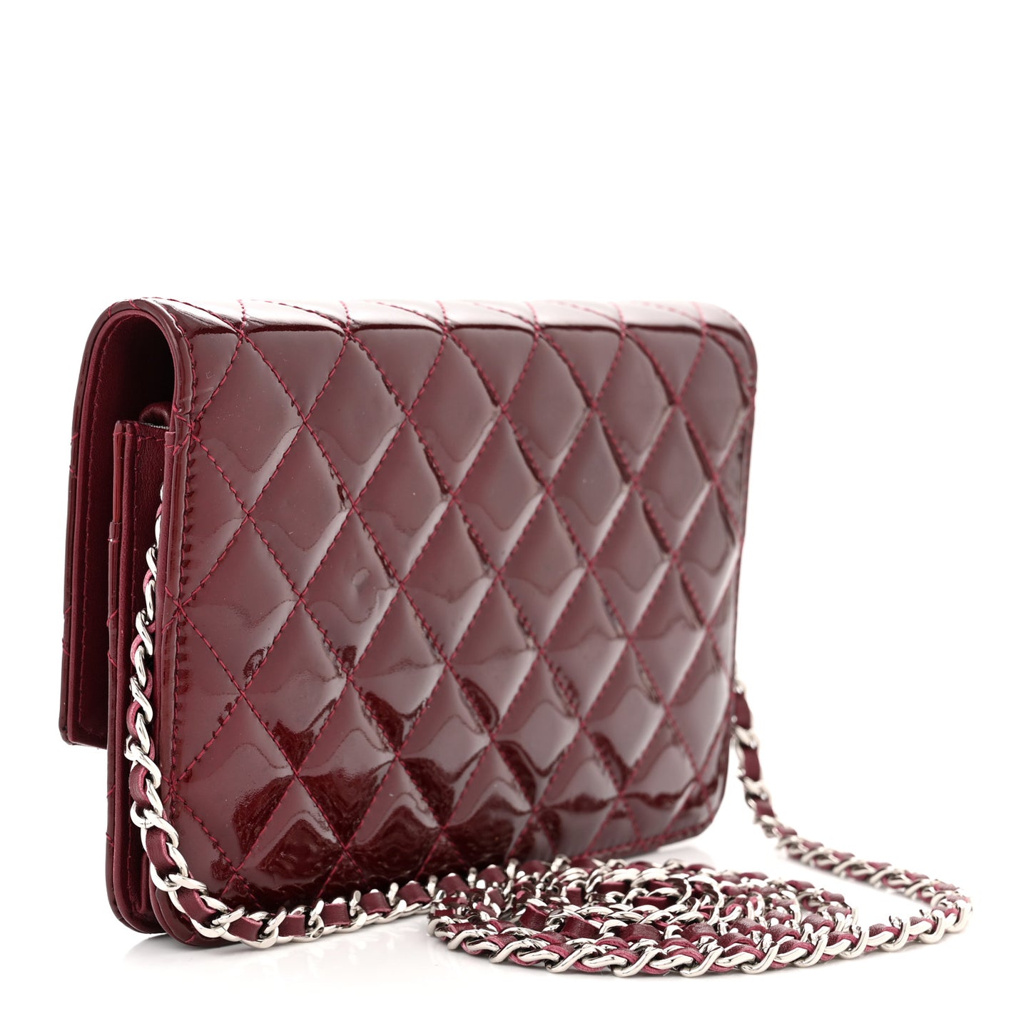 Patent Quilted Brilliant Wallet On Chain WOC Dark Burgundy