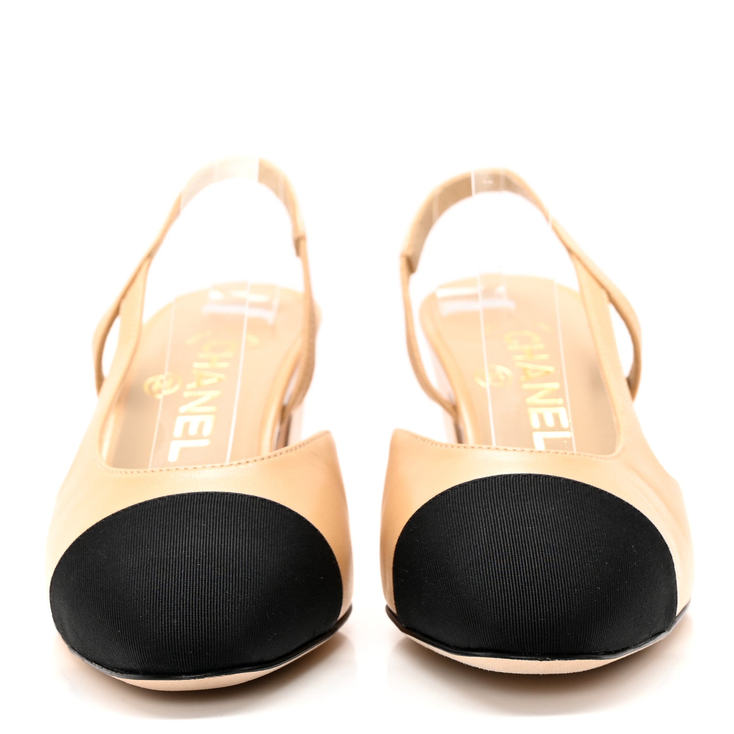 Chanel Goatskin Grosgrain Cap Toe CC Slingback Pumps 35.5 Beige Black 2 of 11