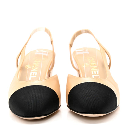Chanel Goatskin Grosgrain Cap Toe CC Slingback Pumps 35.5 Beige Black 2 of 11