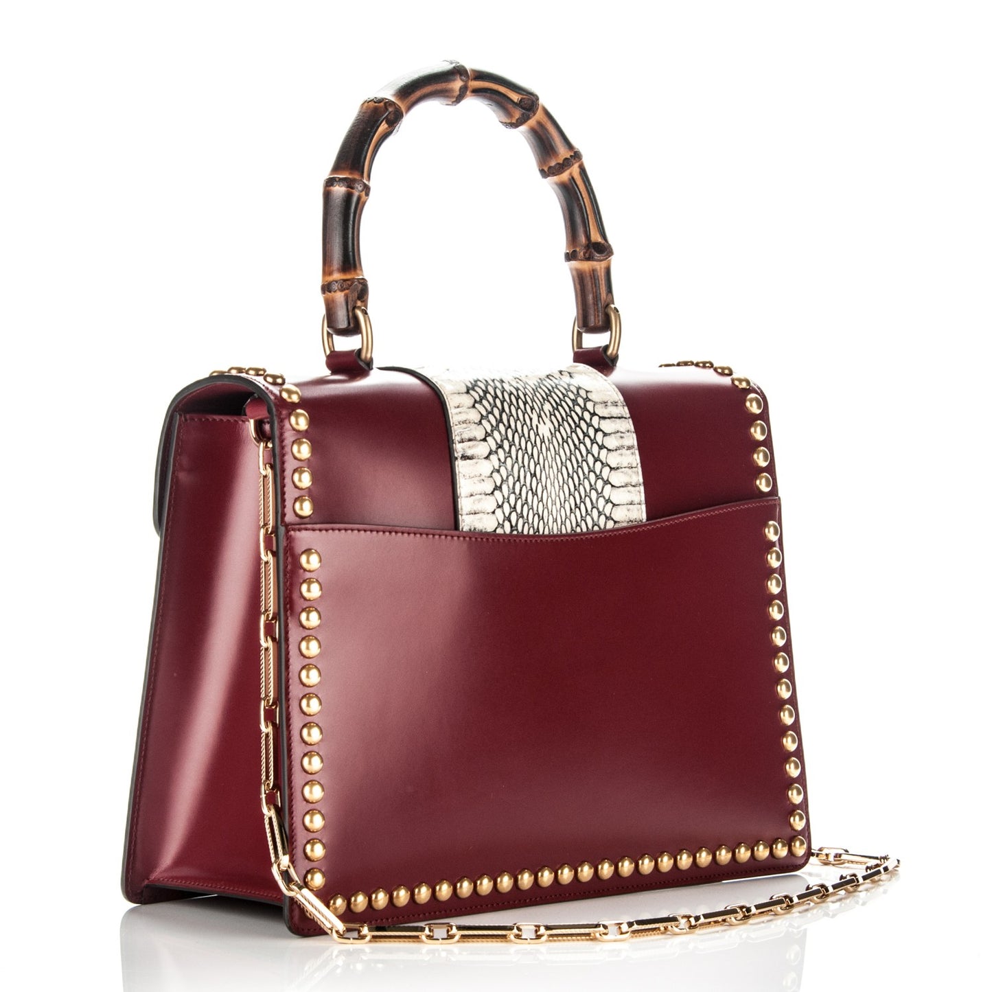 Glossy Calfskin Snakeskin Studded Fox Broche Bamboo Top Handle Bag Red