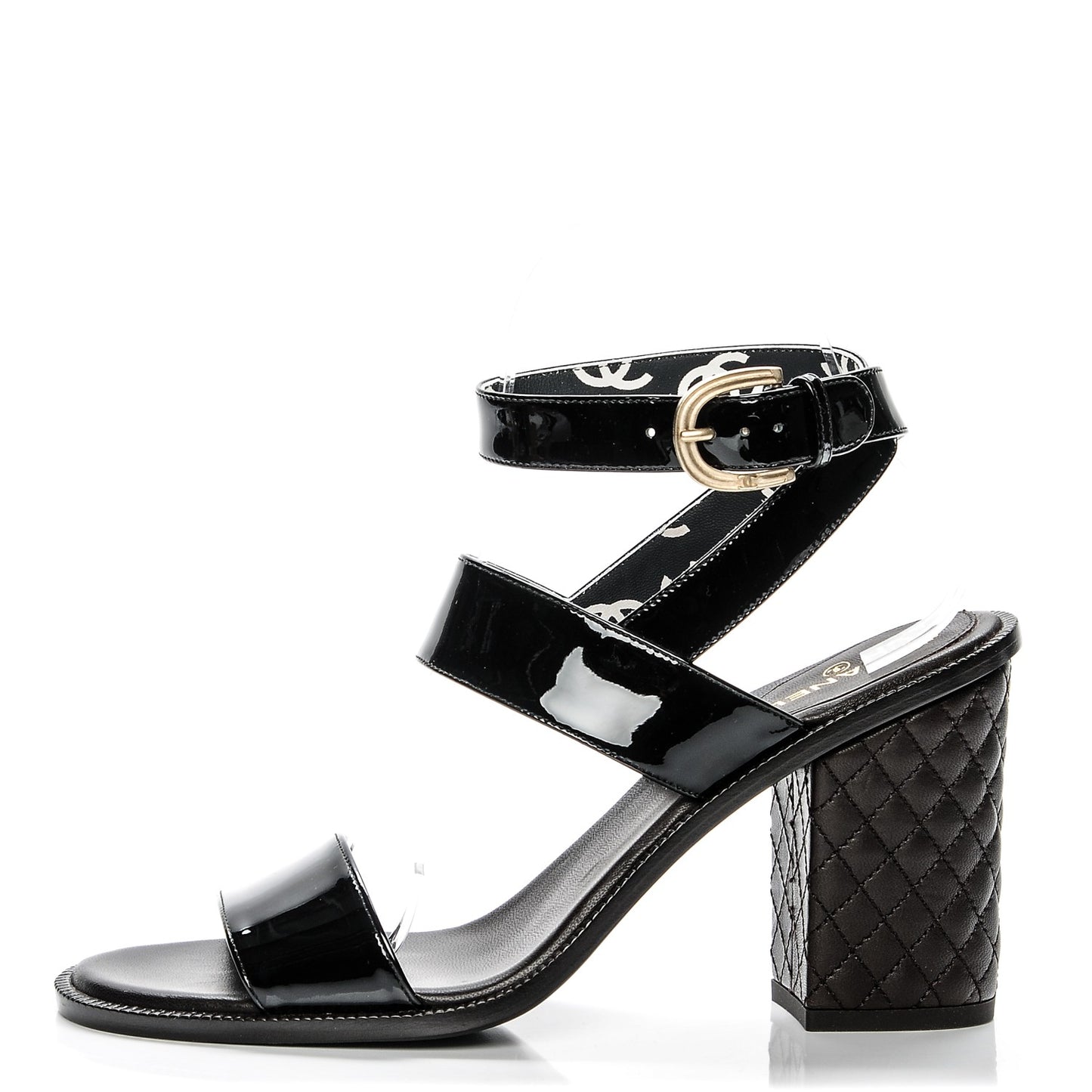 Patent Calfskin Quilted Heel Sandals 37.5 Black