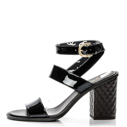 Chanel Patent Calfskin Quilted Heel Sandals 37.5 Black 1 of 7