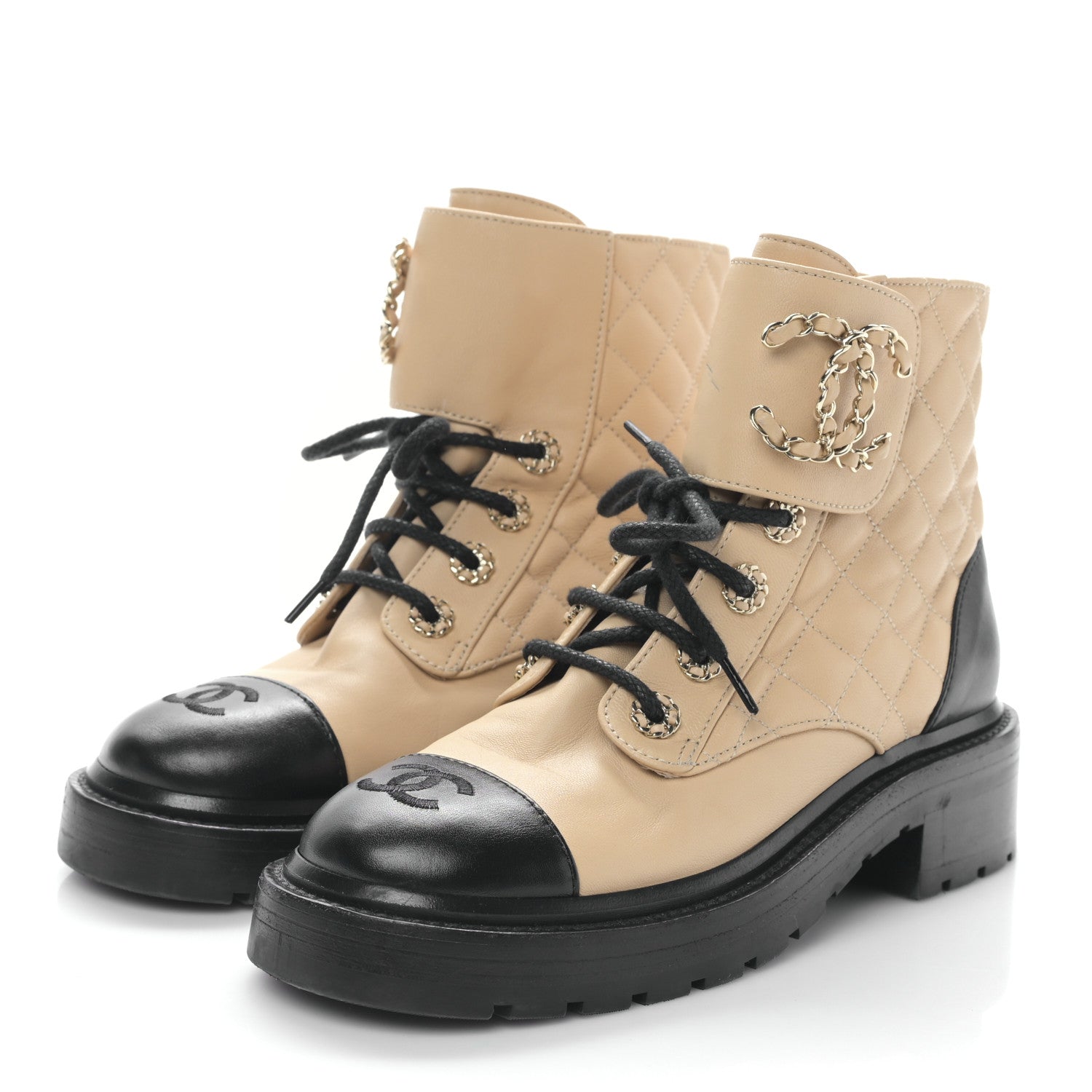 Chanel Lambskin Calfskin Quilted Lace Up Combat Boots 35.5 Beige Black 3 of 8